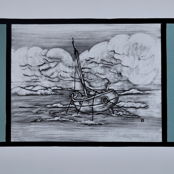 Etonnante scène maritime en vitrail et peinture sur verre