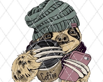 Winter Sloth - Sublimation Transfer - Ready To Press - Shirt Transfer - Heat Transfer - Coffee - Cellphone - Sloth - Winter - Beanie