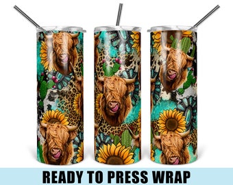 Highland Cow Tumbler Sublimation Transfer: Teal Cowhide Leopard Print