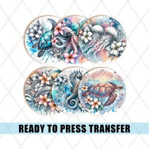May include: Set of six 4-inch round sublimation blanks featuring a variety of ocean-themed designs. The designs include a sea turtle, an octopus, a jellyfish, a seahorse, and a mandala with a sea turtle. The designs are in shades of blue, green, pink, and white.