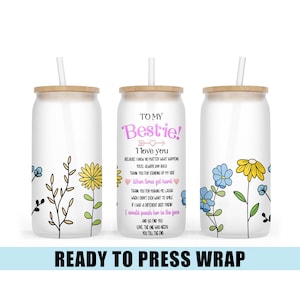 Bestie Floral Glass Can Sublimation Transfer - 16 OZ - Ready To Press