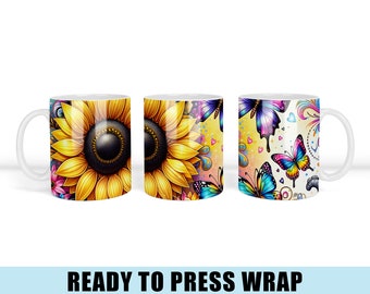 Sunflower Butterfly Mug Sublimation Transfer: Ready To Press