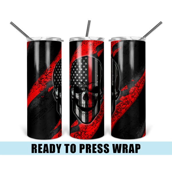 Firefighter Skull - Tumbler Sublimation Transfer - Ready To Press - Heat Transfer - 20 OZ - 30 OZ - Skinny Tumbler - Thin Red Line - Fire