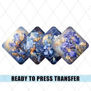 Iris Coaster Sublimation Transfer - Ready To Press - Floral Heat Transfer - Square Coaster Transfer - Floral Coaster Transfer - DIY Coasters