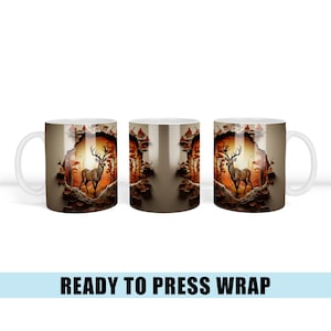 May include: White ceramic mug featuring a detailed illustration of a deer in a forest scene. The design includes a deer with large antlers, trees, and a warm, sunset-like background. The words "READY TO PRESS WRAP" are at the bottom.