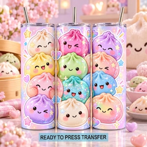 May include: Three cylindrical tumblers with metal straws, featuring a repeating pattern of colorful, smiling bao buns in shades of pink, yellow, green, blue, and purple, accented with small stars and hearts on a soft pastel gradient background.
