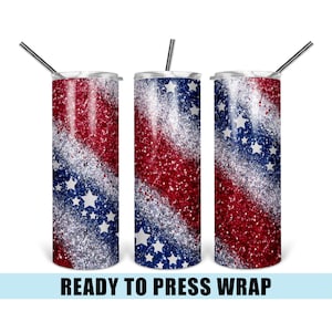 May include: Three stainless steel tumblers with a red, white, and blue glitter design. The design features a diagonal stripe pattern with white stars on the blue and red stripes. The tumblers are ready to press.
