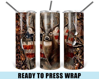 Deer Hunting - Tumbler Sublimation Transfer - Ready To Press - Heat Transfer - 20 OZ - 30 OZ - Camo - Flag - Deer - Woods - Camouflage