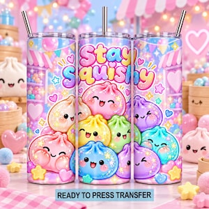 May include: A cylindrical stainless steel tumbler with a metal straw, featuring a colorful graphic print of smiling, pastel-colored dumplings and the text Stay Squishy, set against a background of candy-colored shop decorations and hearts.