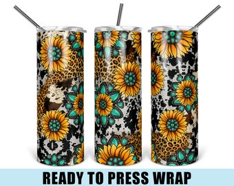 Gemstone Sunflower - Tumbler Sublimation Transfer - Ready To Press - Heat Transfer - 20 OZ - 30 OZ - Skinny - Cowhide - Turquoise - Leopard