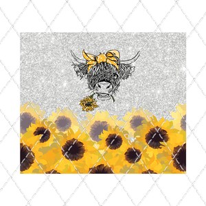 May include: A black and white illustration of a Highland cow with a yellow polka dot bandana, set against a silver glitter background. The cow is holding a yellow sunflower in its mouth. The bottom of the image features a field of yellow sunflowers.