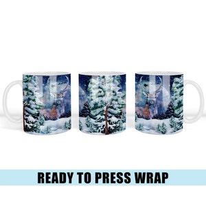 Winter Deer - Coffee Mug Sublimation Transfer - Ready To Press - Heat Transfer - Coffee Mug Wrap - Coffee Cup - Snow - Christmas Mug - Deer