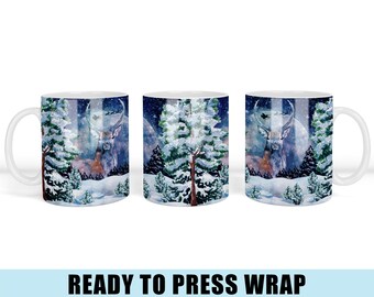 Winter Deer - Coffee Mug Sublimation Transfer - Ready To Press - Heat Transfer - Coffee Mug Wrap - Coffee Cup - Snow - Christmas Mug - Deer