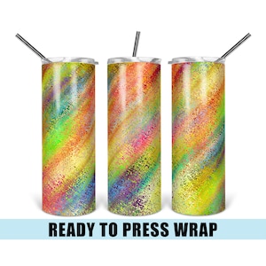 May include: Three stainless steel tumblers with a colorful abstract design. The design features a swirl of yellow, green, blue, red, and purple colors with a speckled texture.