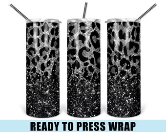 Black & Silver Leopard - Tumbler Sublimation Transfer - Ready To Press - Heat Transfer - Glam - Leopard - Silver - Glitter Glam - Black