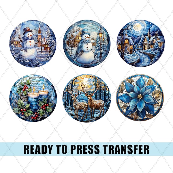 Stained Glass Blue Christmas - Sublimation Transfer - Ready To Press - Heat Transfer - Car Coaster - Coaster - Christmas Ornament - Snowman