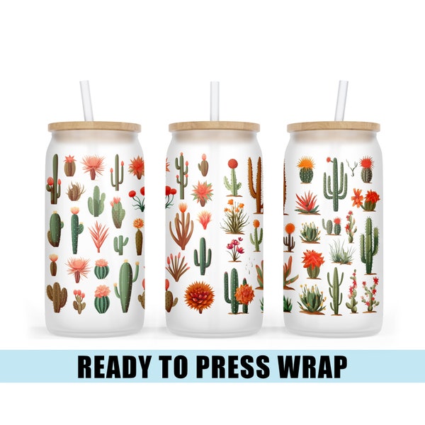 Blooming Cactus - Glass Can Transfer - Ready To Press - Heat Transfer - Sublimation - 16 OZ - Glass Can Wrap - Cactus - Cacti - Western