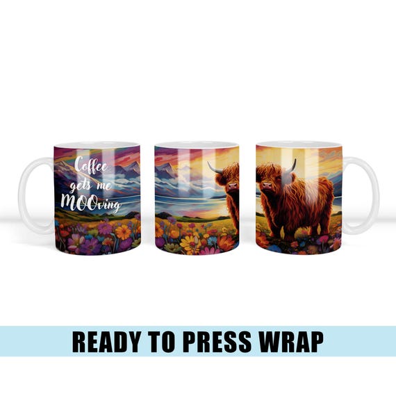 Highland Cow Coffee Mug Sublimation Transfer - Sunset Mug Wrap