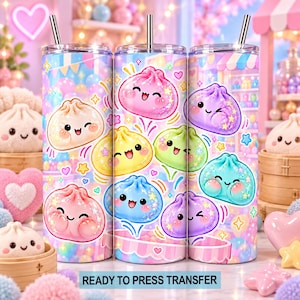 May include: A cylindrical stainless steel tumbler with a metal straw, featuring a colorful pattern of smiling, glittery dumpling characters in shades of pink, yellow, green, blue, and purple against a pastel background with stars and hearts.