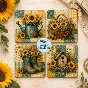 May include: Four square heat transfer sheets featuring a patchwork background of yellow and teal floral patterns. The designs include a blue watering can, a woven basket, blue rain boots, and a wooden birdhouse, all filled with sunflowers.
