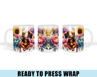 Floral Dachshund Coffee Mug Sublimation Transfer - Ready To Press