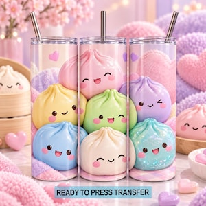 May include: A cylindrical tumbler featuring a repeating pattern of colorful, smiling bao buns in shades of pink, yellow, green, blue, and purple. The design includes small hearts and a soft, textured background. A metal straw is inserted in the lid.