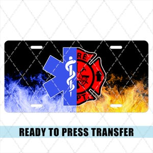 May include: Ready to press heat transfer design featuring a blue and red star of life and a red fire department logo with flames in the background.