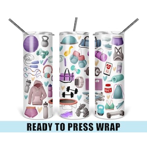 May include: A set of three white sublimation tumblers with a colorful design featuring fitness and gym equipment. The design includes dumbbells, a jump rope, a yoga mat, a weight scale, a protein shake bottle, and a heart rate monitor. The tumblers are ready to be pressed with a design.