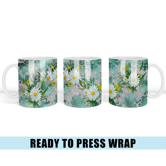 Daisy Coffee Mug Sublimation Transfer: Teal Floral Wrap