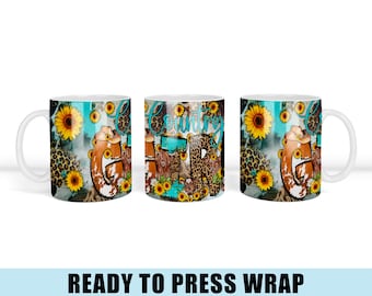 May include: A sublimation design for a white ceramic mug featuring a country girl theme. The design includes a cowhide pattern, sunflowers, and the text "Country Girl".