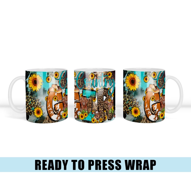 Puede incluir: Un dise&ntilde;o de sublimaci&oacute;n para una taza de cer&aacute;mica blanca con un tema de chica de campo. El dise&ntilde;o incluye un patr&oacute;n de piel de vaca, girasoles y el texto "Country Girl".
