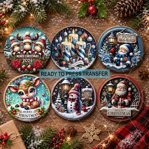 May include: Six circular Christmas-themed sublimation transfers featuring festive illustrations including reindeer, candles, snowmen, and Santa Claus. Each design incorporates holiday motifs like poinsettias, ornaments, and text such as Merry Christmas 2026.
