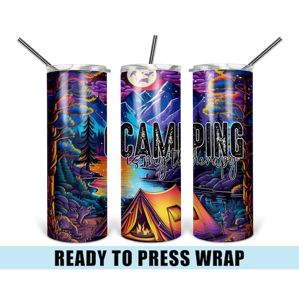 Camping Is My Therapy - Tumbler Sublimation Transfer - Ready To Press - Heat Transfer - 20 OZ - Camping - Nature - Outdoors - Mens - Lake