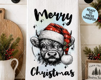 Merry Christmas Cow Sublimation Transfer - Ready To Press - Heat Transfer - Towels - 2 Pack