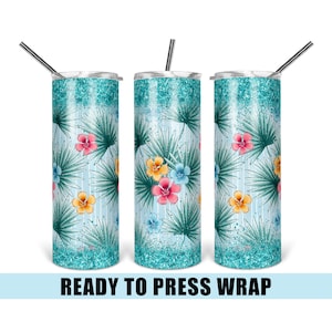 Teal Glitter Tropical Palms Tumbler Sublimation Transfer - 20 OZ Skinny