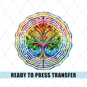May include: A colorful stained glass tree of life design with rainbow colors and a circular mandala pattern. The design is ready to press onto fabric.