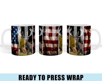 Patriotic Deer Coffee Mug Sublimation Transfer - Ready To Press - Coffee Mug Wrap - Mug Wrap - Coffee Mug Transfer - 11 OZ Wrap - 15 OZ Wrap