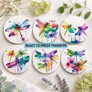 Watercolor Dragonfly Sublimation Transfer - Ready To Press - Coaster/Ornament afbeelding 1