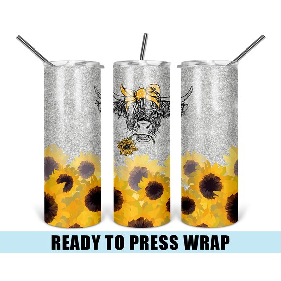 Sunflower Highland Cow Tumbler Sublimation Transfer - Ready To Press - Tumbler Wrap - Tumbler Transfer - Highland Cow Wrap - Sunflower Wrap