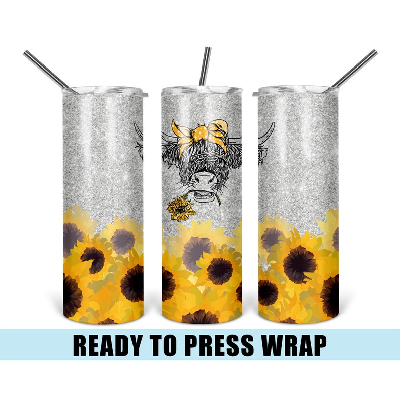 May include: A sublimation design for a tumbler featuring a Highland cow with a yellow bow, surrounded by sunflowers on a silver glitter background. The design is ready to be pressed onto a tumbler.