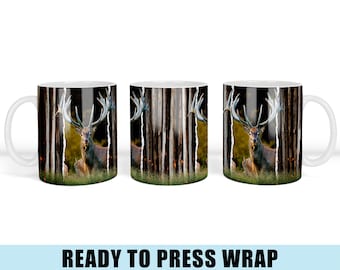 Deer in Trees Coffee Mug Sublimation Transfer - Ready To Press - Deer Mug Wrap - Coffee Mug Wrap - Coffee Mug Transfer - 11 OZ Wrap - 15 OZ