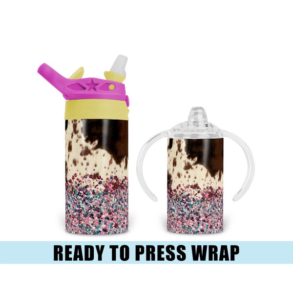 Cowhide & Confetti - Sippy Sublimation Transfer - Ready To Press - Heat Transfer - Flip Top - Sippy - 12 OZ - Colorful - Glitter - Cow Hide