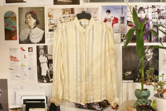 70s Sheer Striped Cream Chiffon Pleated Shirt Top