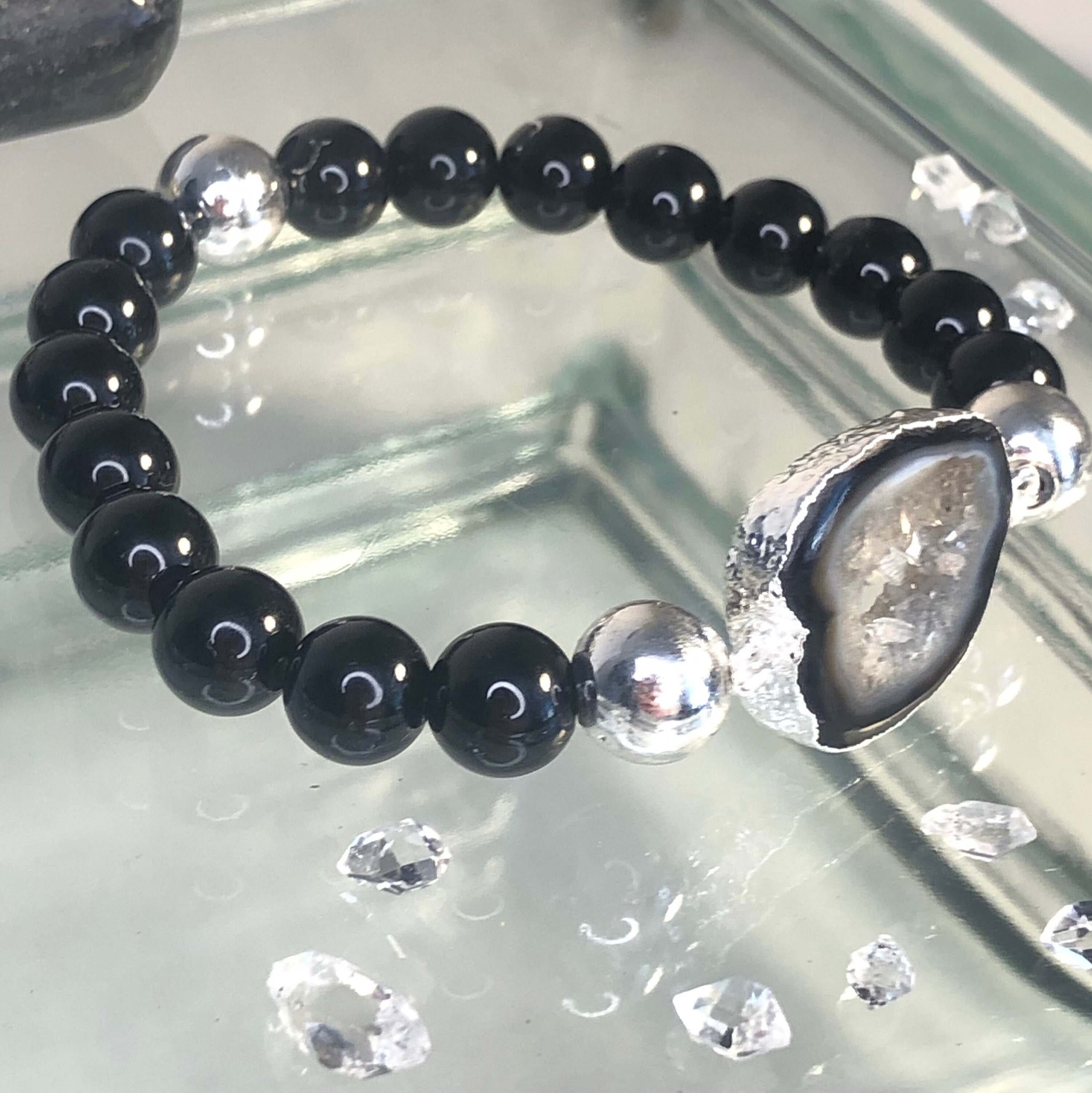 Black Onyx Natural Stone Bracelet Silver Hematite Agate Etsy