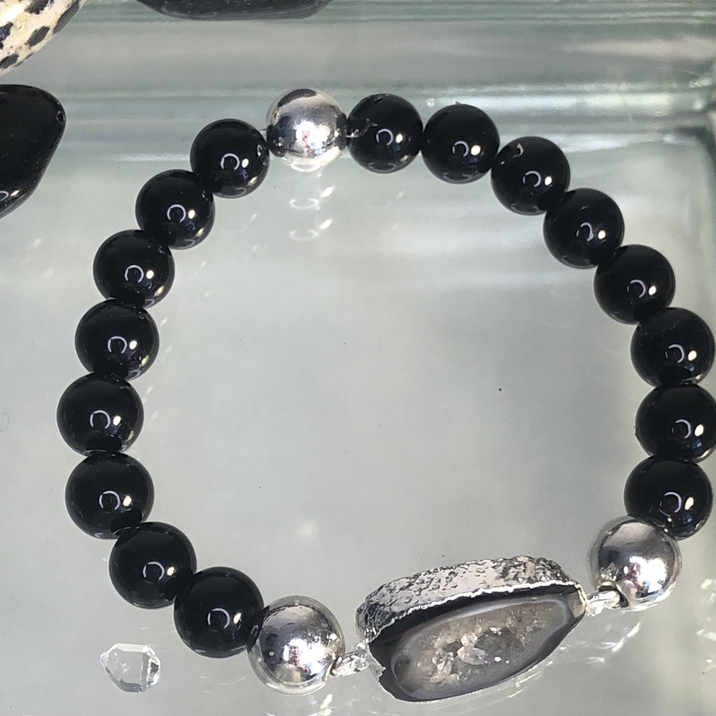 Black Onyx Natural Stone Bracelet Silver Hematite Agate Etsy