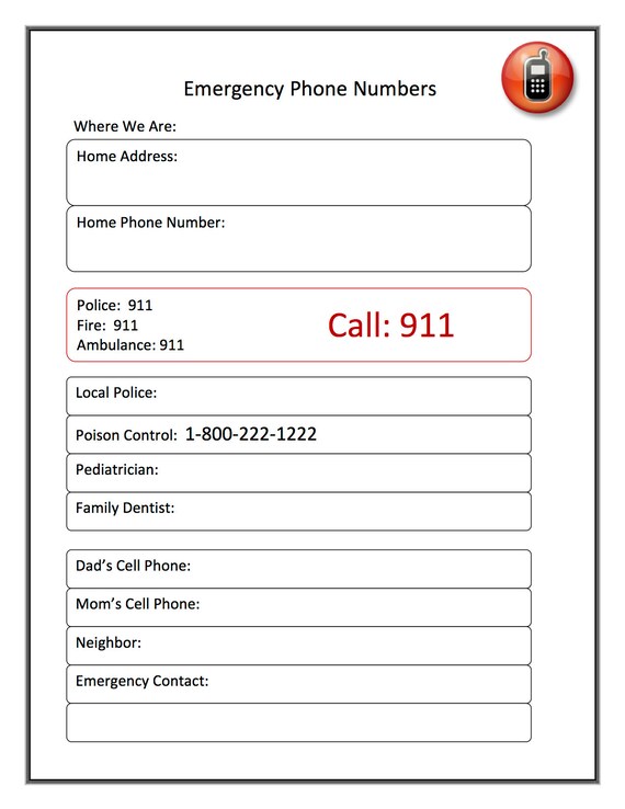 Emergency Phone Number Printable For Families Babysitters Etsy