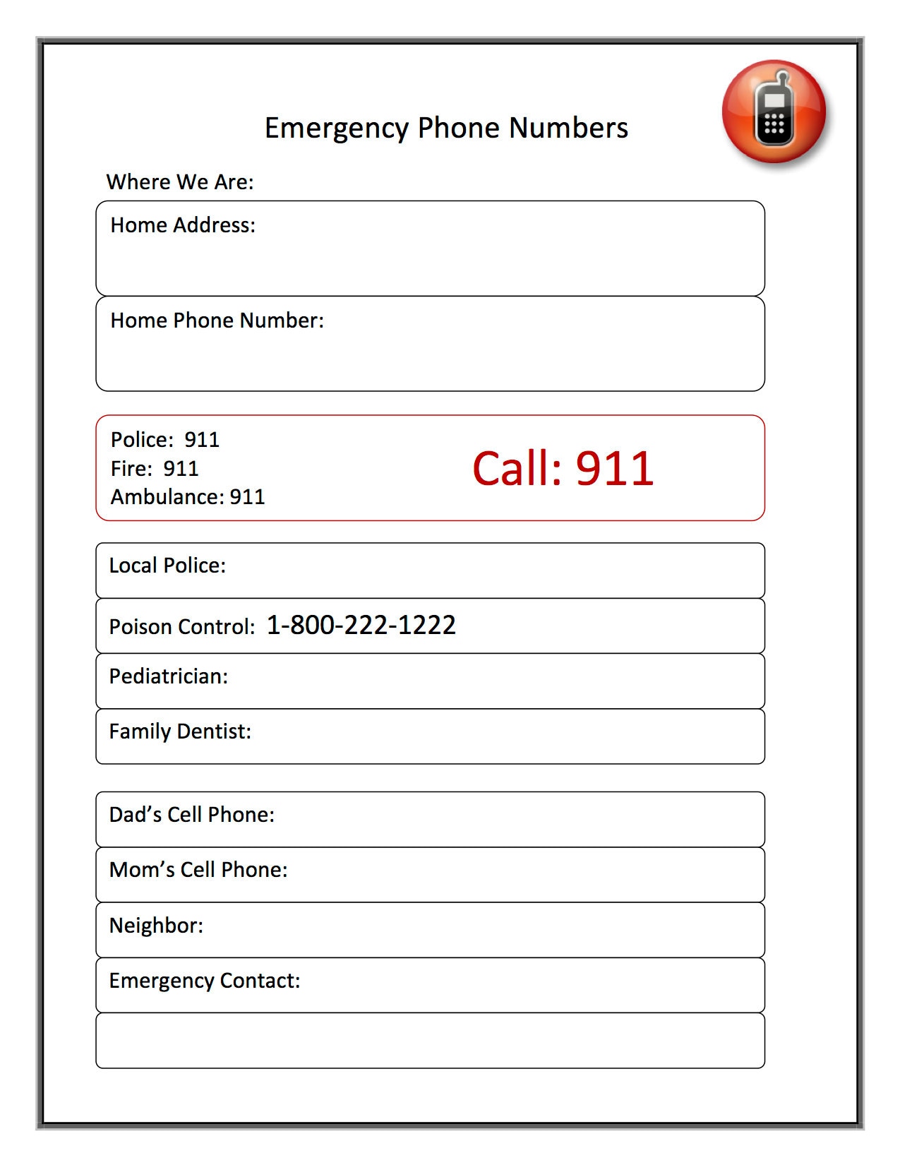 Emergency Phone Number Printable for Families Babysitters | Etsy