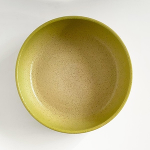 May include: A speckled ceramic bowl. The exterior is light green, the interior is tan. The bowl has a rounded shape and a smooth surface. It is empty and sits on a white surface. The bowl is likely used for serving food.