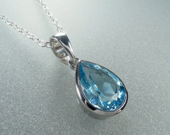 Topaz Drop Pendant in Sterling Silver - Teardrop Pendant, Swiss Blue Topaz Pendant, Topaz Necklace, Blue Gemstone Pendant