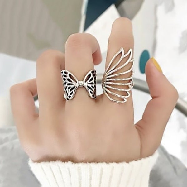 Butterfly Ring Silver Wing Ring Set for Women Adjustable Bands Boho Ring Set